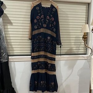 For Love and Lemons Embroidered Floral Navy and sheer Beige Dress